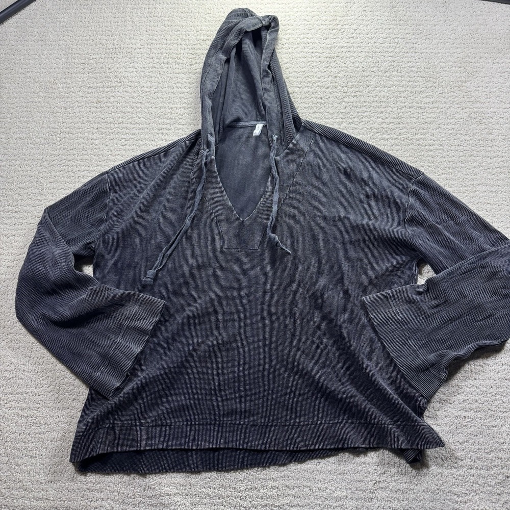 Z Supply Womens Waffle Knit Hoodie Washed Charcoal V-Neck Bell Sleeve Large